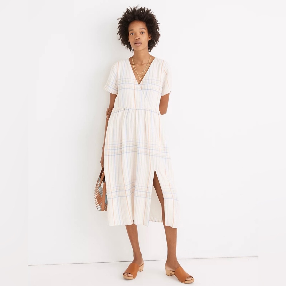 Clara Plaid Linen Blend Midi Dress In Muted Blush - NWT